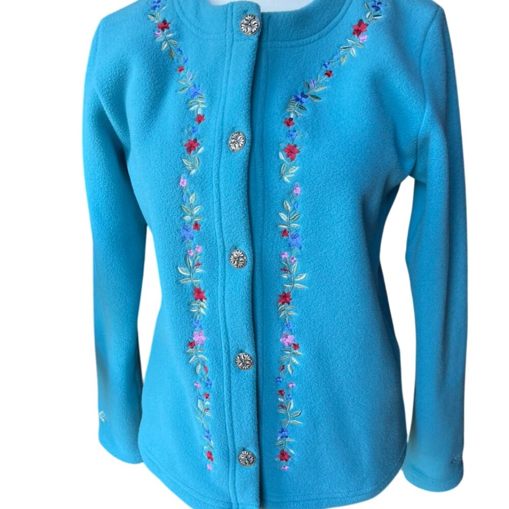 L.L.Bean Fleece Embroidered Cardigan Jacket with Detailed Silver Buttons